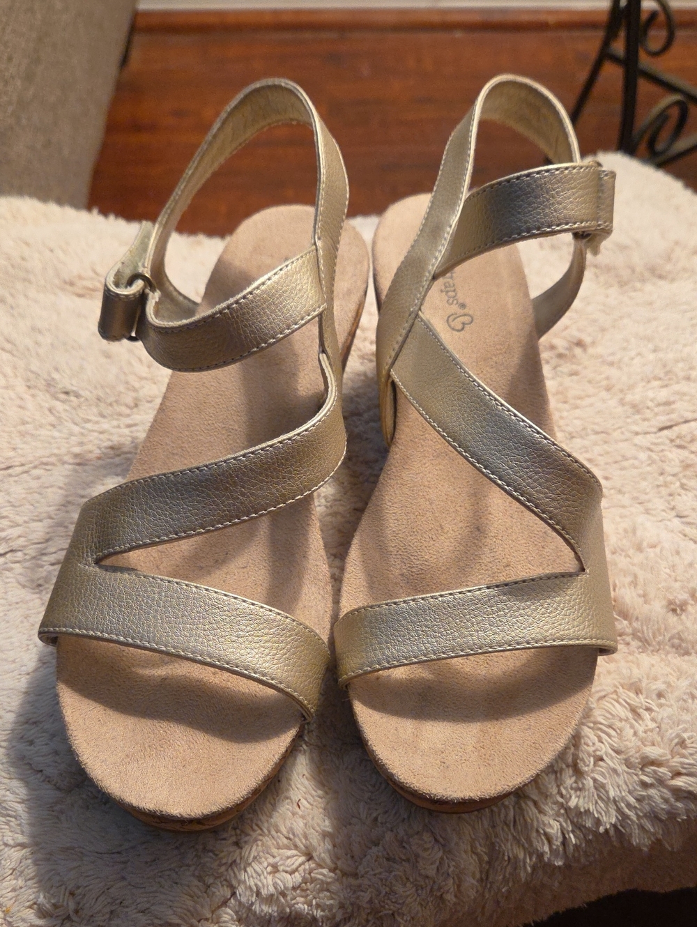 BareTraps Metallic Gold Cork Wedge Sandals - Picture 2 of 6